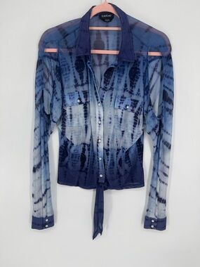 bebe Women's Blue Tie-Dye Sheer Y2K Top Tie Hem + Shoulder Cut Outs Size Medium
